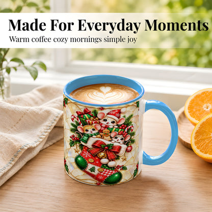 #pl[11oz|Blue] Christmas Mice Coffee Mug, Holiday Stocking Mouse Mug, Ceramic Cup