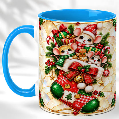 #pl[11oz|Blue] Christmas Mice Coffee Mug, Holiday Stocking Mouse Mug, Ceramic Cup