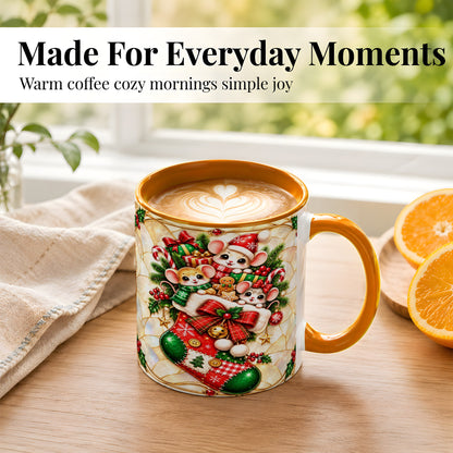 #pl[11oz|Orange] Christmas Mice Coffee Mug, Holiday Stocking Mouse Mug, Ceramic Cup