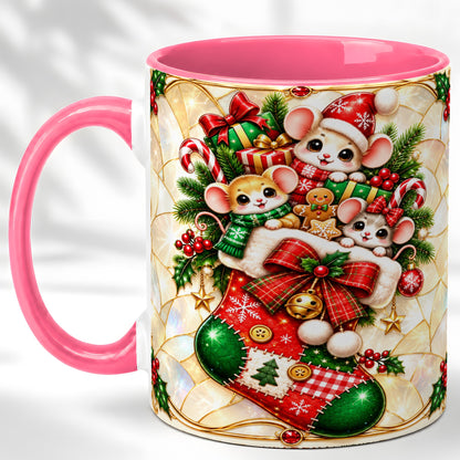 #pl[11oz|Pink] Christmas Mice Coffee Mug, Holiday Stocking Mouse Mug, Ceramic Cup