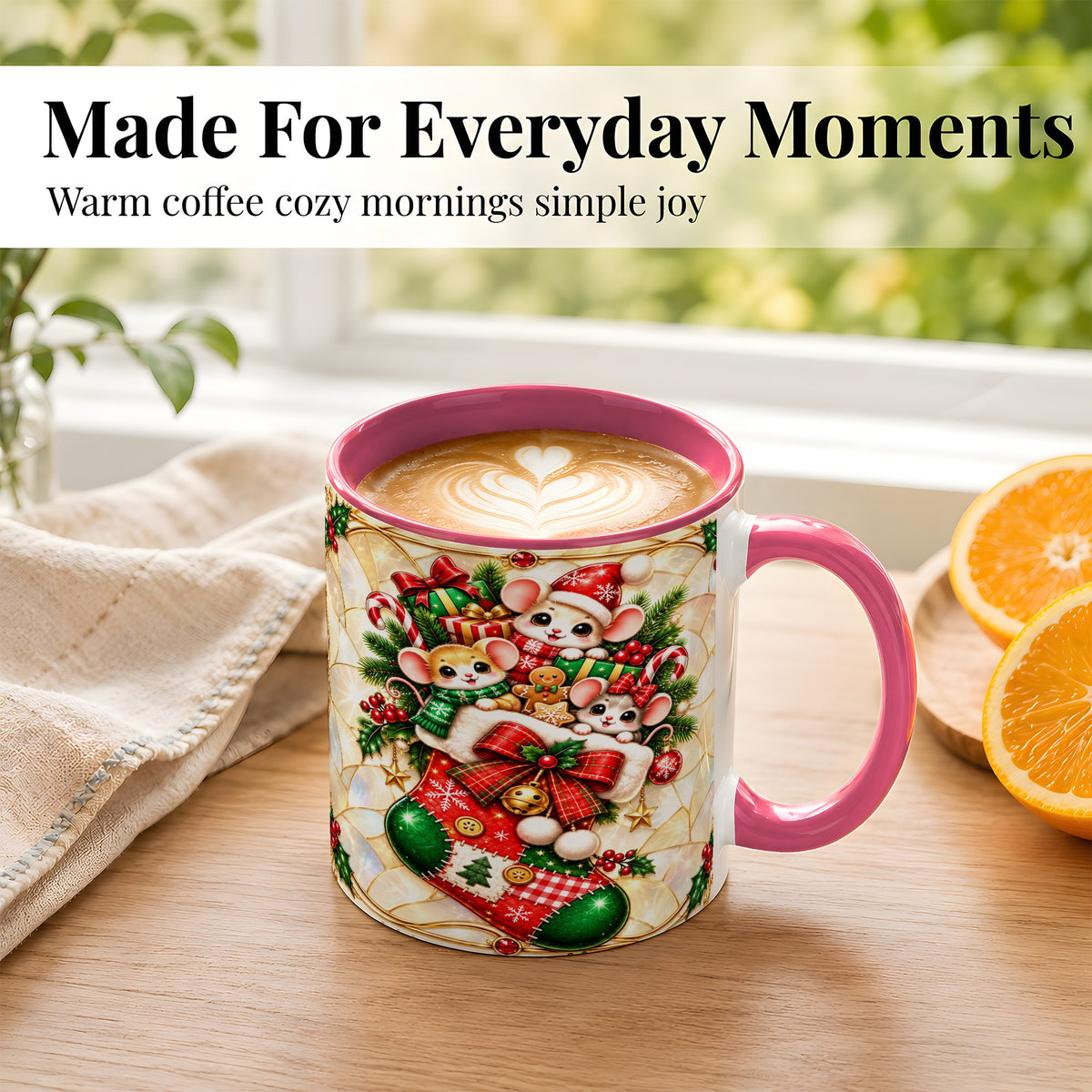 #pl[11oz|Pink] Christmas Mice Coffee Mug, Holiday Stocking Mouse Mug, Ceramic Cup