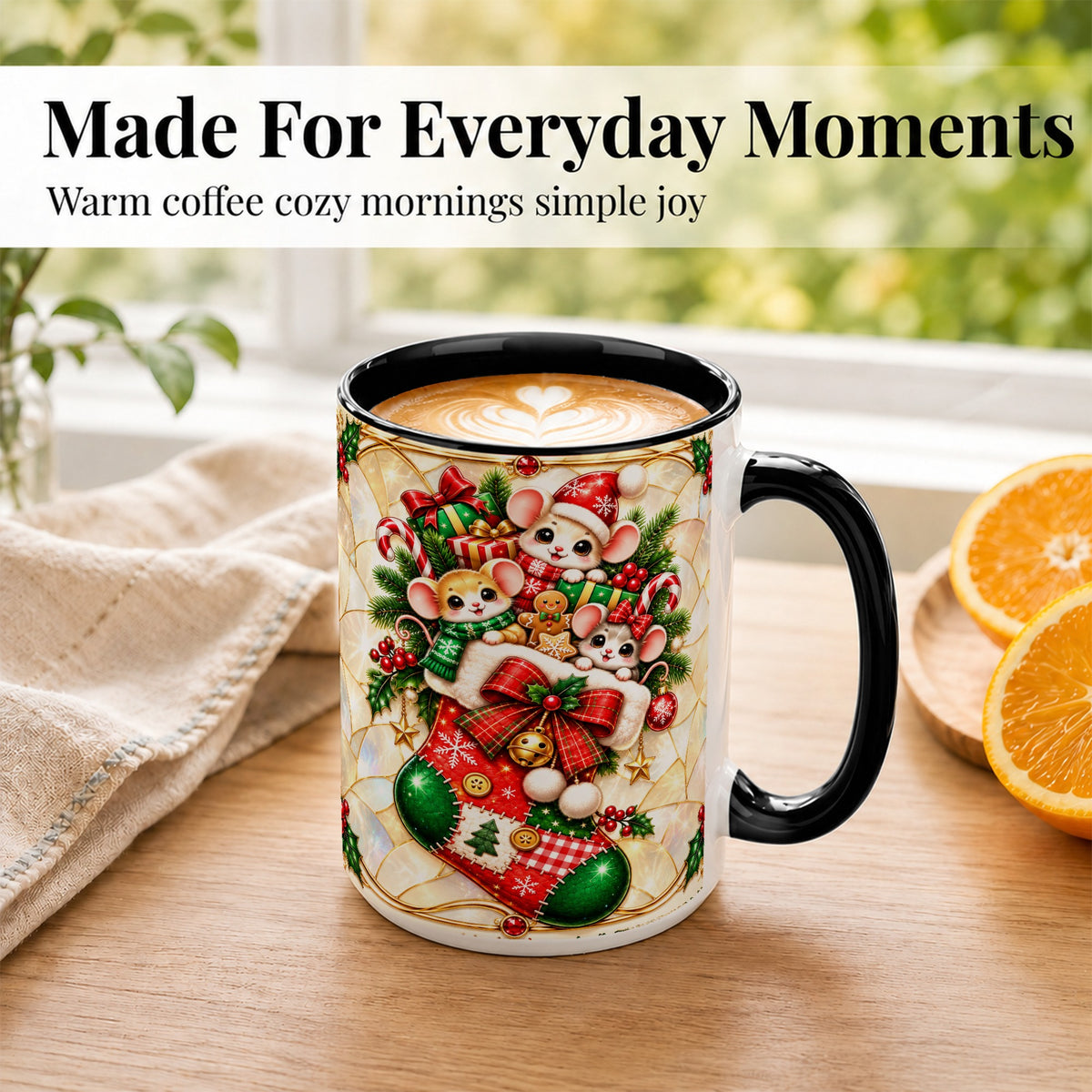 #pl[15oz|Black] Christmas Mice Coffee Mug, Holiday Stocking Mouse Mug, Ceramic Cup