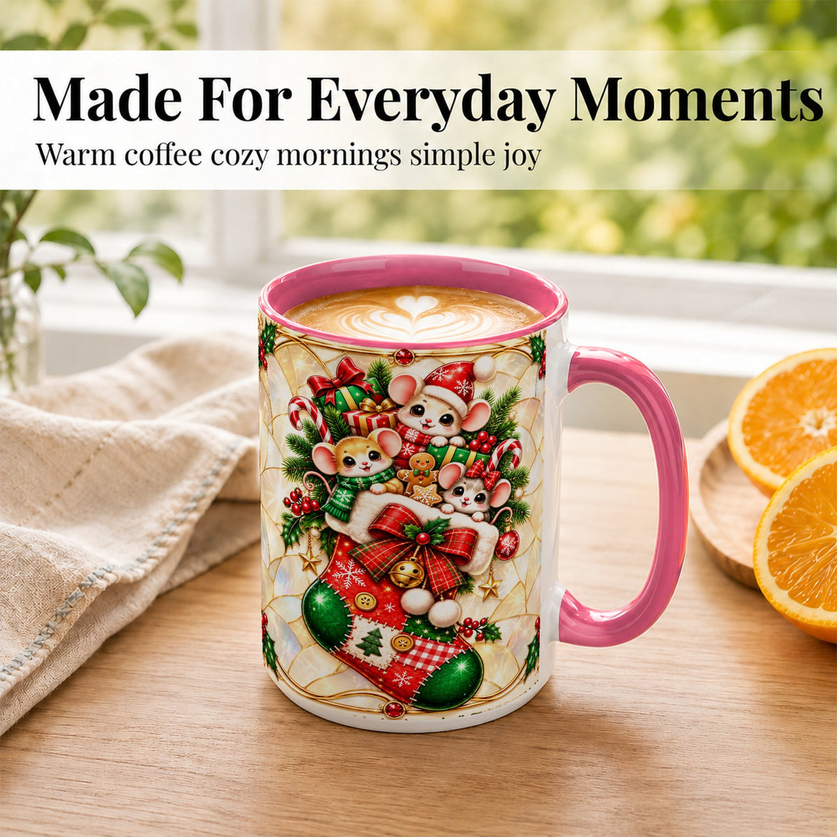 #pl[15oz|Pink] Christmas Mice Coffee Mug, Holiday Stocking Mouse Mug, Ceramic Cup