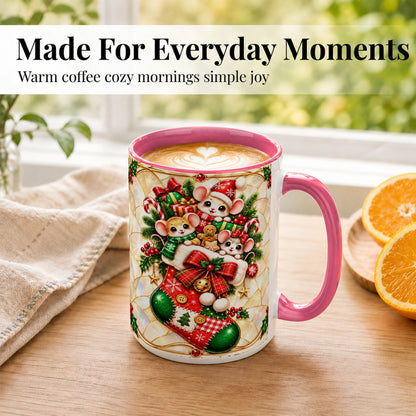 #pl[15oz|Pink] Christmas Mice Coffee Mug, Holiday Stocking Mouse Mug, Ceramic Cup