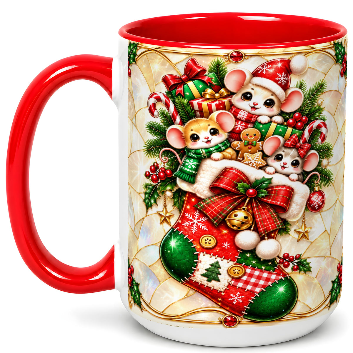 #pl[15oz|Red] Christmas Mice Coffee Mug, Holiday Stocking Mouse Mug, Ceramic Cup