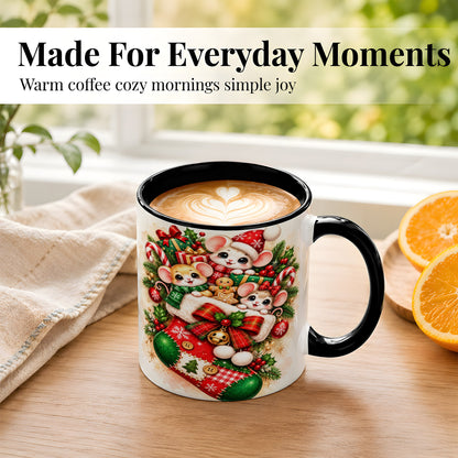 #pl[11oz|Black] Christmas Mice Coffee Mug, Cute Stocking Mouse Mug, Ceramic Cup