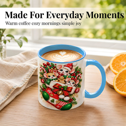 #pl[11oz|Blue] Christmas Mice Coffee Mug, Cute Stocking Mouse Mug, Ceramic Cup