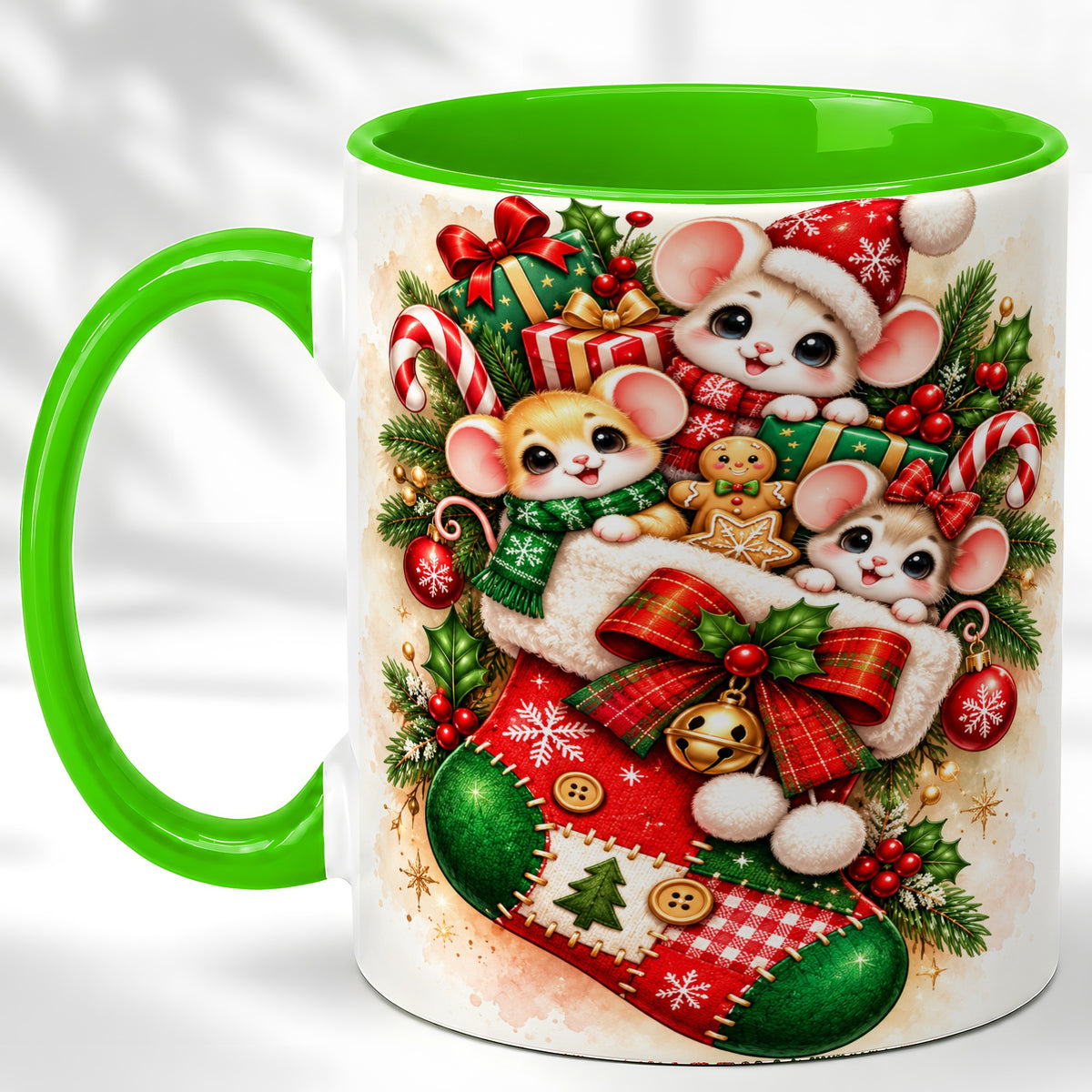 #pl[11oz|Green] Christmas Mice Coffee Mug, Cute Stocking Mouse Mug, Ceramic Cup