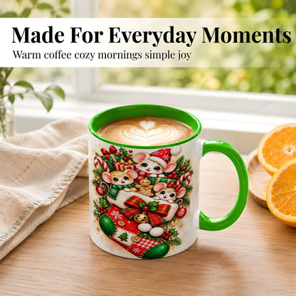 #pl[11oz|Green] Christmas Mice Coffee Mug, Cute Stocking Mouse Mug, Ceramic Cup