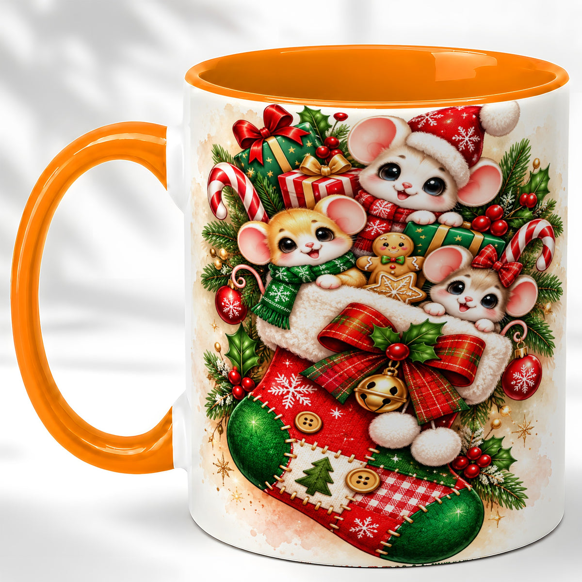 #pl[11oz|Orange] Christmas Mice Coffee Mug, Cute Stocking Mouse Mug, Ceramic Cup