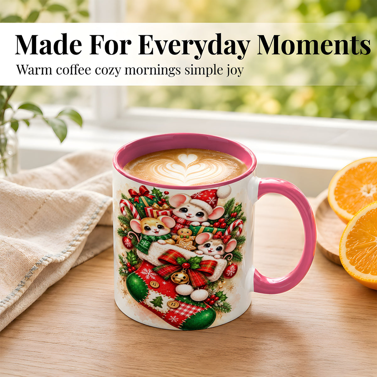 #pl[11oz|Pink] Christmas Mice Coffee Mug, Cute Stocking Mouse Mug, Ceramic Cup