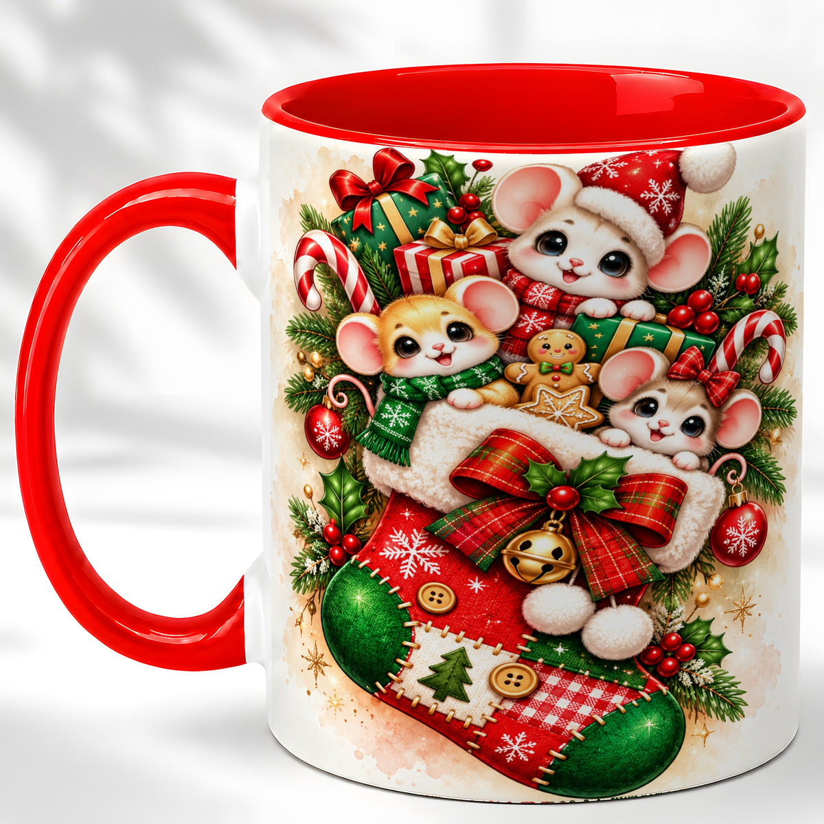 Christmas Mice Coffee Mug, Cute Stocking Mouse Mug, Ceramic Cup