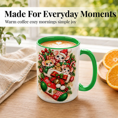 #pl[15oz|Green] Christmas Mice Coffee Mug, Cute Stocking Mouse Mug, Ceramic Cup