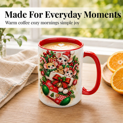 #pl[15oz|Red] Christmas Mice Coffee Mug, Cute Stocking Mouse Mug, Ceramic Cup