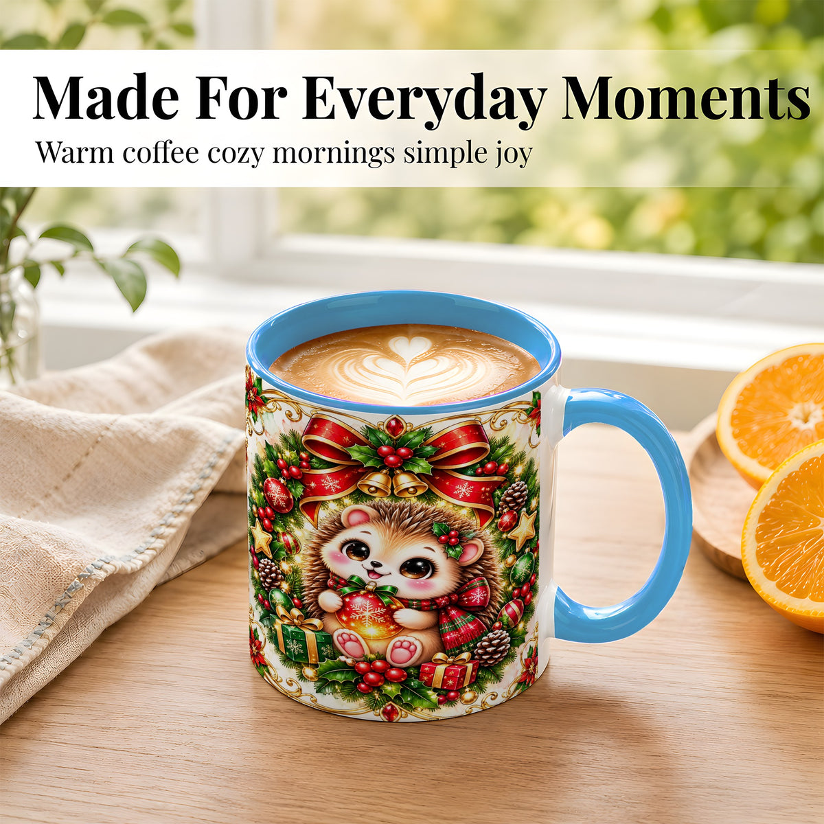 #pl[11oz|Blue] Christmas Hedgehog Coffee Mug, Woodland Holiday Mug, Ceramic Cup