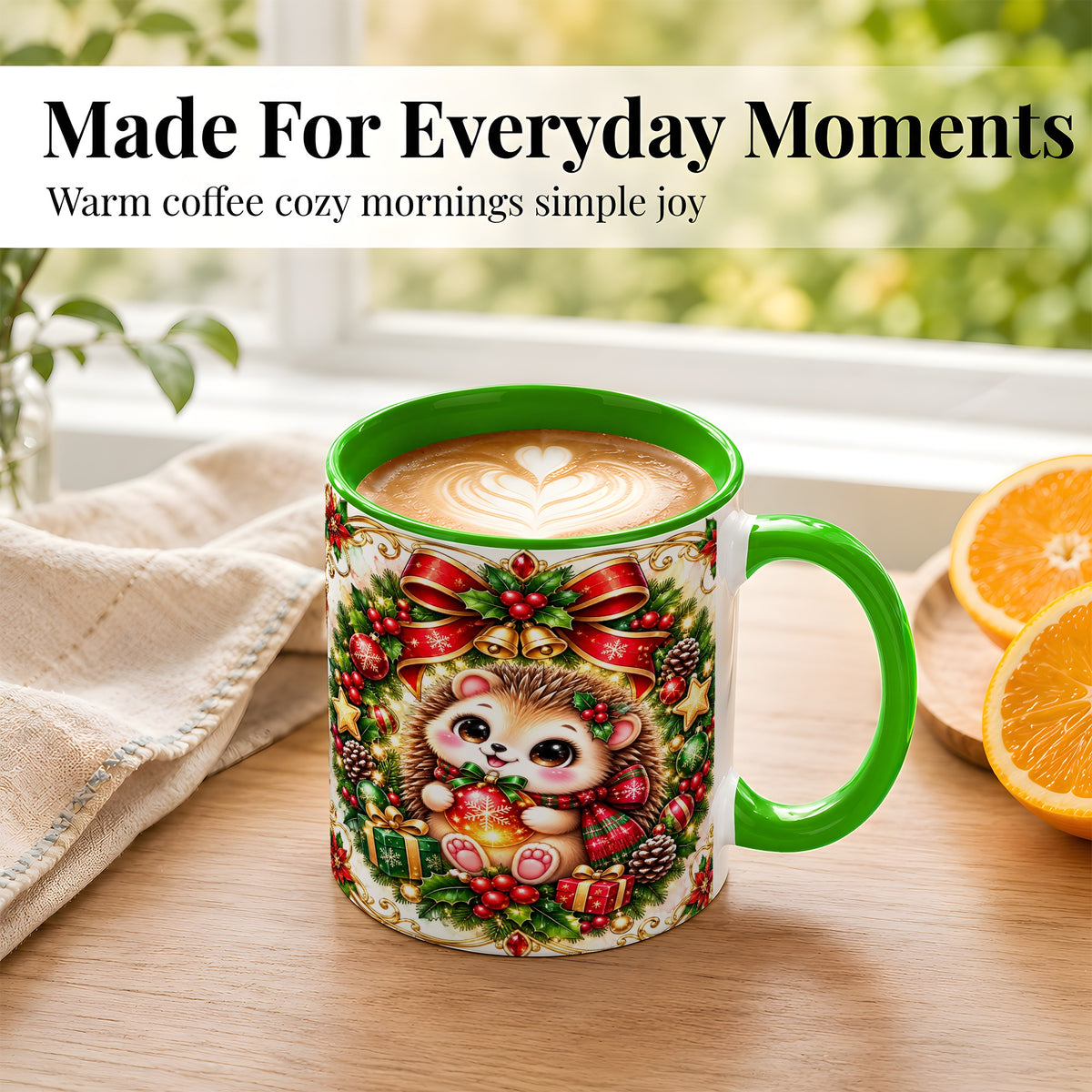 #pl[11oz|Green] Christmas Hedgehog Coffee Mug, Woodland Holiday Mug, Ceramic Cup