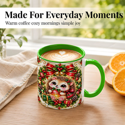 #pl[11oz|Green] Christmas Hedgehog Coffee Mug, Woodland Holiday Mug, Ceramic Cup