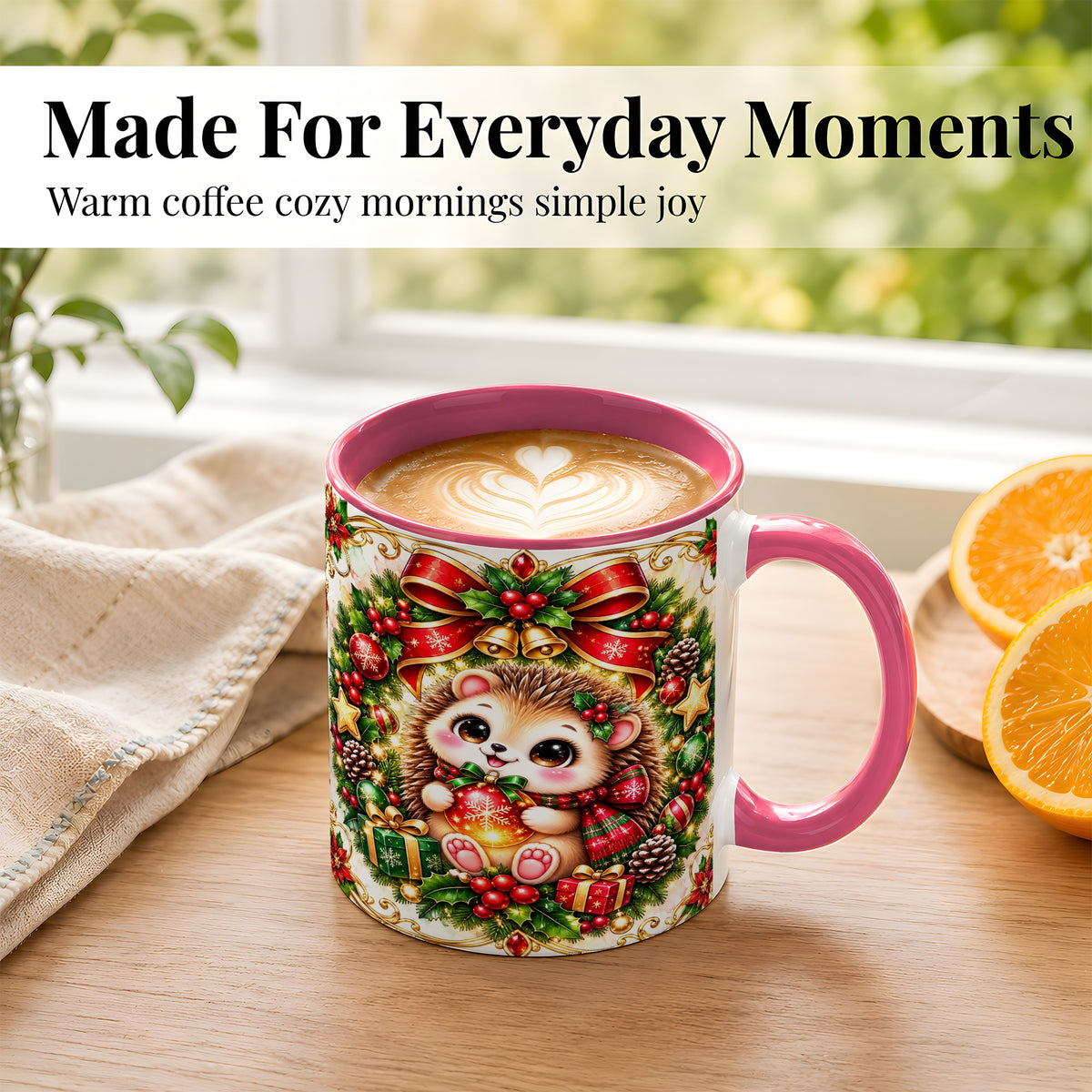 #pl[11oz|Pink] Christmas Hedgehog Coffee Mug, Woodland Holiday Mug, Ceramic Cup