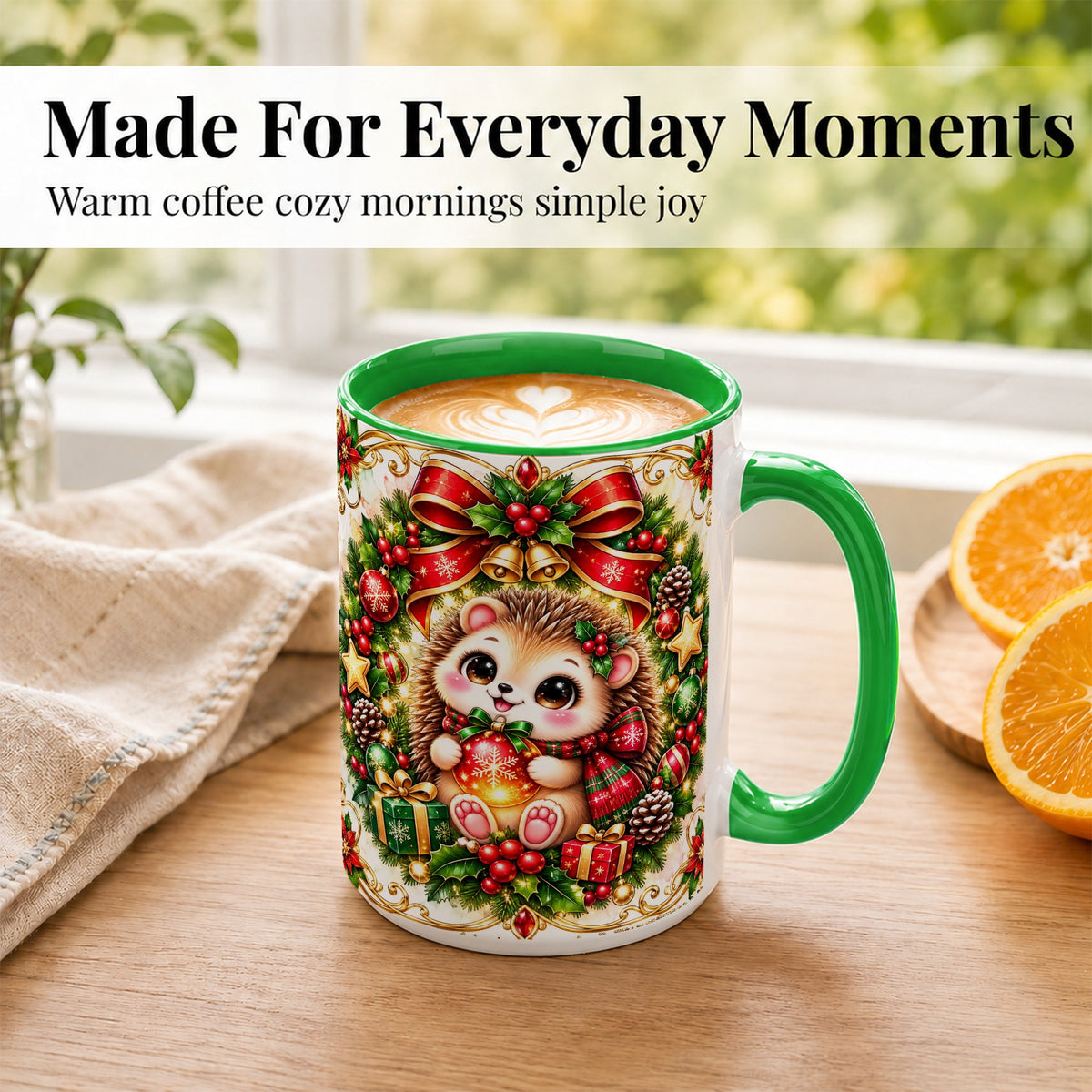 #pl[15oz|Green] Christmas Hedgehog Coffee Mug, Woodland Holiday Mug, Ceramic Cup