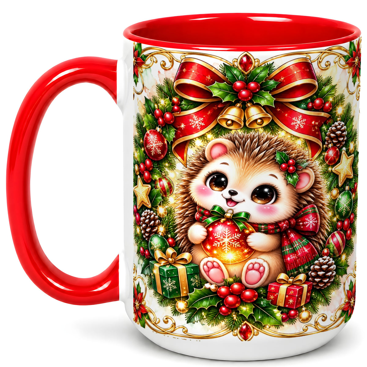 #pl[15oz|Red] Christmas Hedgehog Coffee Mug, Woodland Holiday Mug, Ceramic Cup