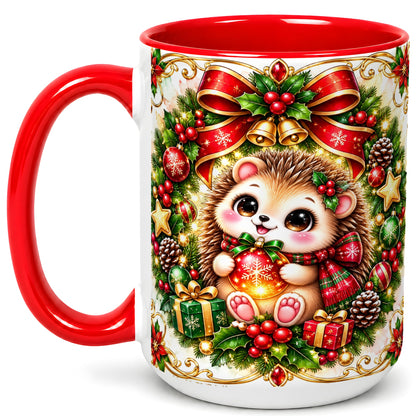 #pl[15oz|Red] Christmas Hedgehog Coffee Mug, Woodland Holiday Mug, Ceramic Cup