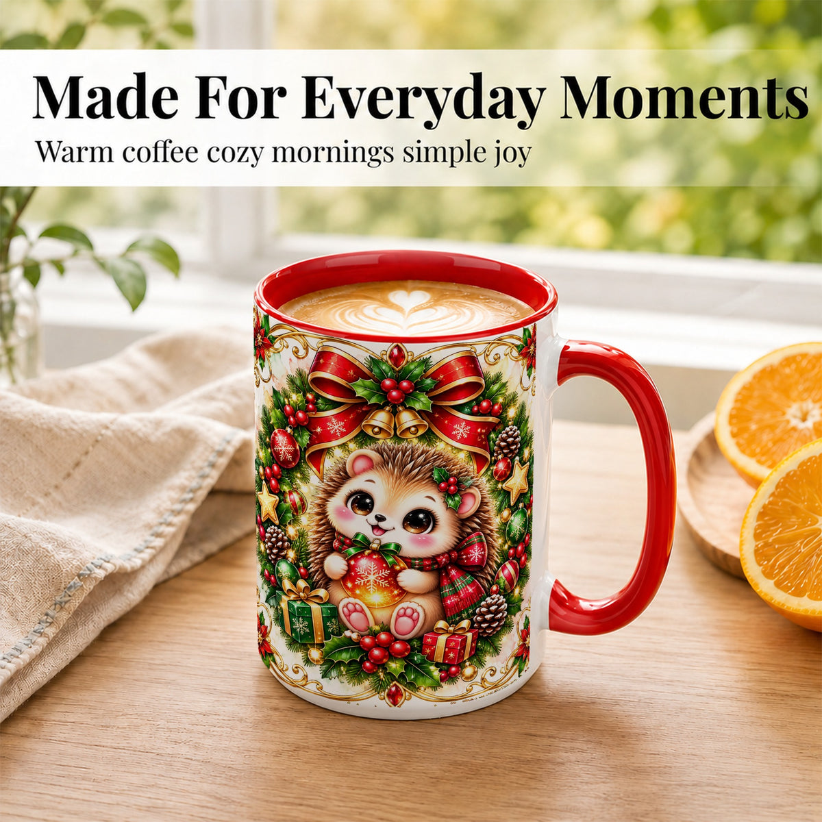 #pl[15oz|Red] Christmas Hedgehog Coffee Mug, Woodland Holiday Mug, Ceramic Cup