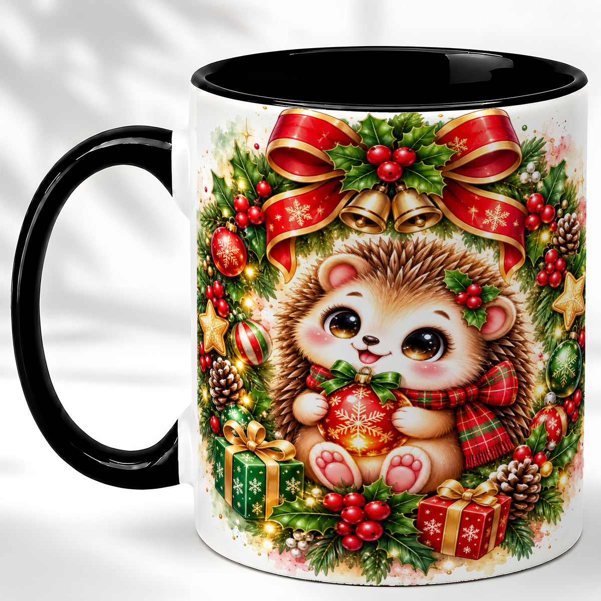 #pl[11oz|Black] Cute Christmas Hedgehog Coffee Mug, Watercolor Holiday Mug, Ceramic Cup