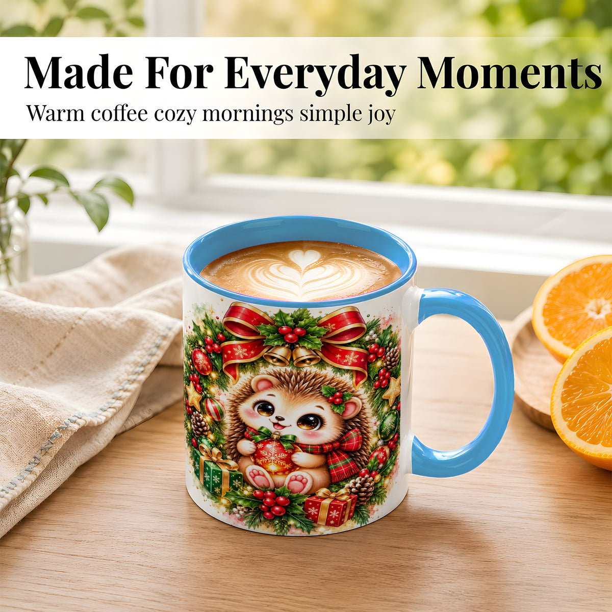 #pl[11oz|Blue] Cute Christmas Hedgehog Coffee Mug, Watercolor Holiday Mug, Ceramic Cup