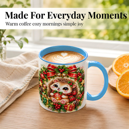 #pl[11oz|Blue] Cute Christmas Hedgehog Coffee Mug, Watercolor Holiday Mug, Ceramic Cup