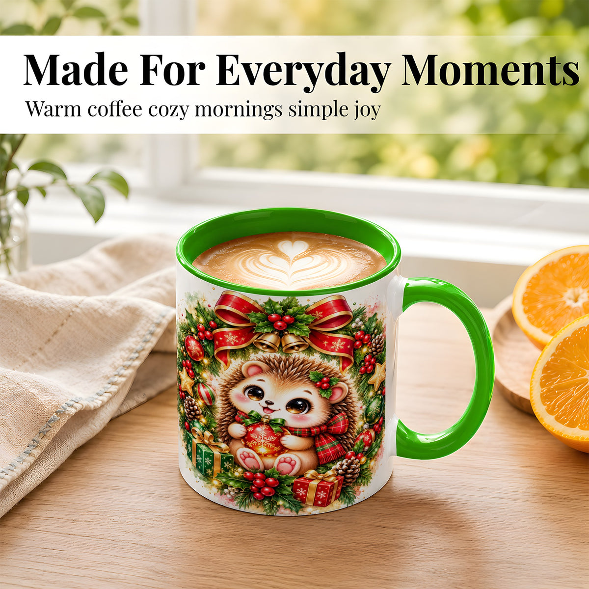 #pl[11oz|Green] Cute Christmas Hedgehog Coffee Mug, Watercolor Holiday Mug, Ceramic Cup