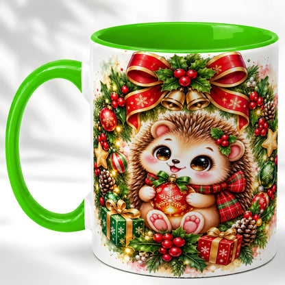 #pl[11oz|Green] Cute Christmas Hedgehog Coffee Mug, Watercolor Holiday Mug, Ceramic Cup