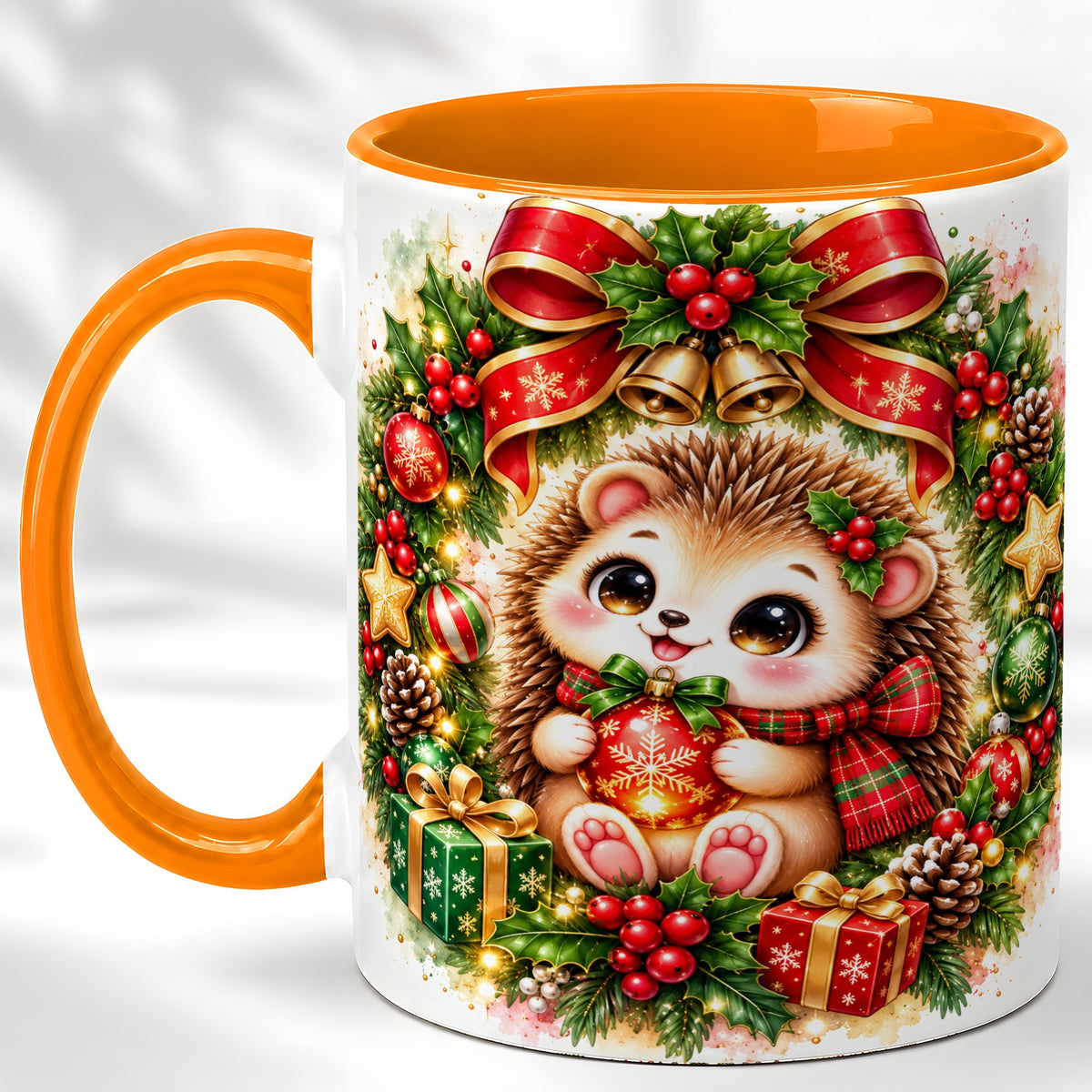 #pl[11oz|Orange] Cute Christmas Hedgehog Coffee Mug, Watercolor Holiday Mug, Ceramic Cup