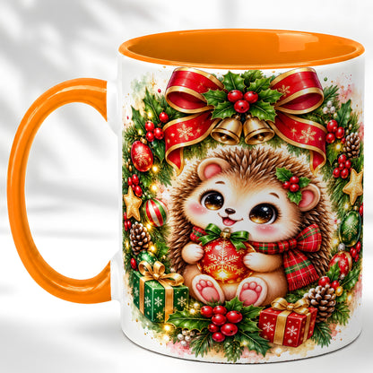 #pl[11oz|Orange] Cute Christmas Hedgehog Coffee Mug, Watercolor Holiday Mug, Ceramic Cup