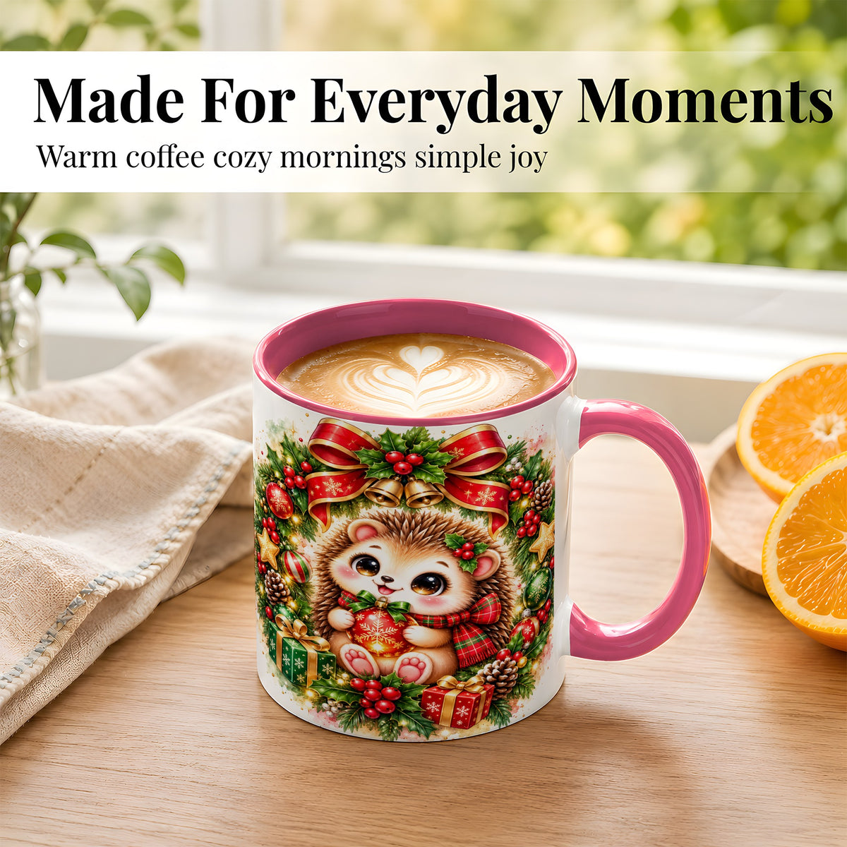 #pl[11oz|Pink] Cute Christmas Hedgehog Coffee Mug, Watercolor Holiday Mug, Ceramic Cup
