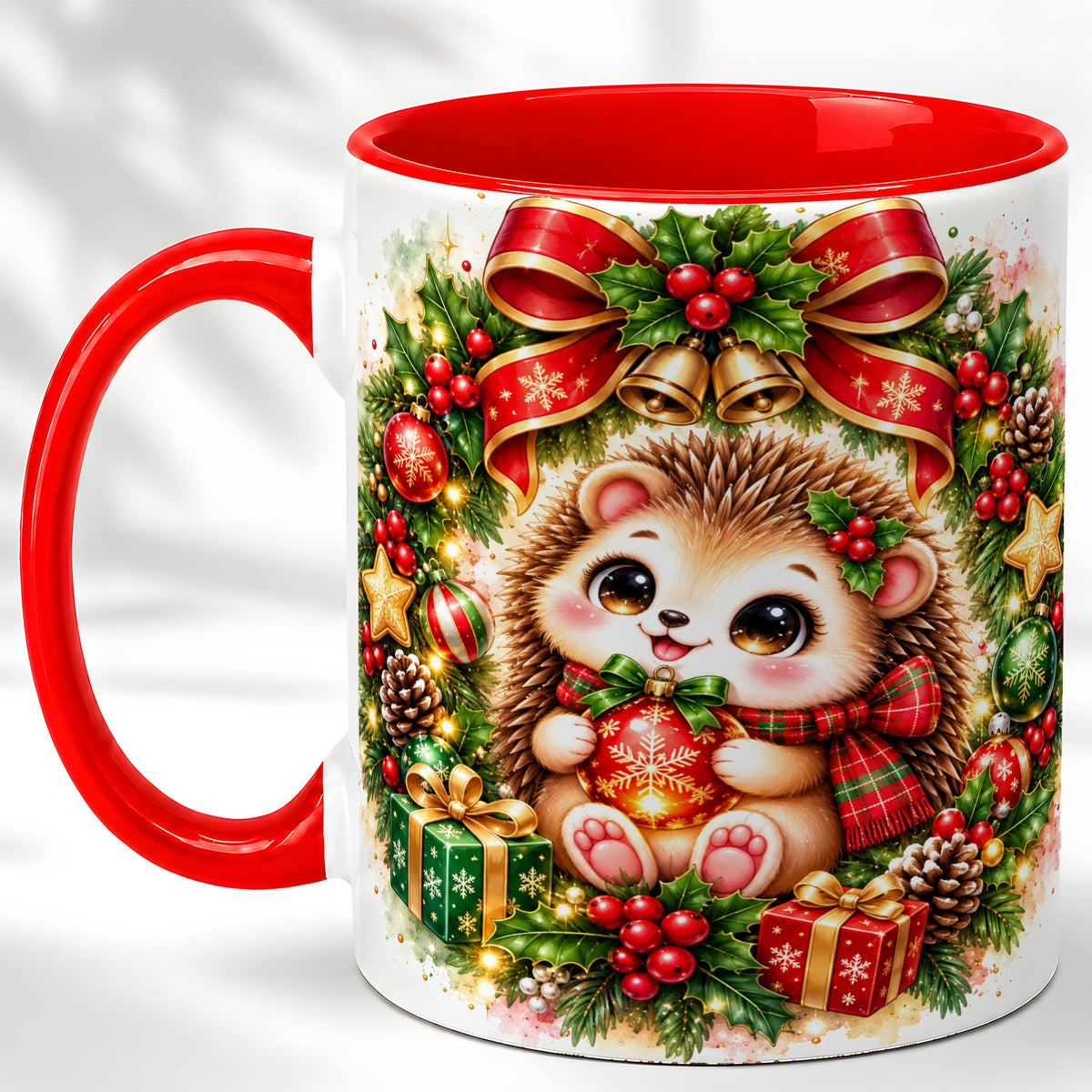 Cute Christmas Hedgehog Coffee Mug, Watercolor Holiday Mug, Ceramic Cup