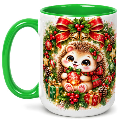 #pl[15oz|Green] Cute Christmas Hedgehog Coffee Mug, Watercolor Holiday Mug, Ceramic Cup