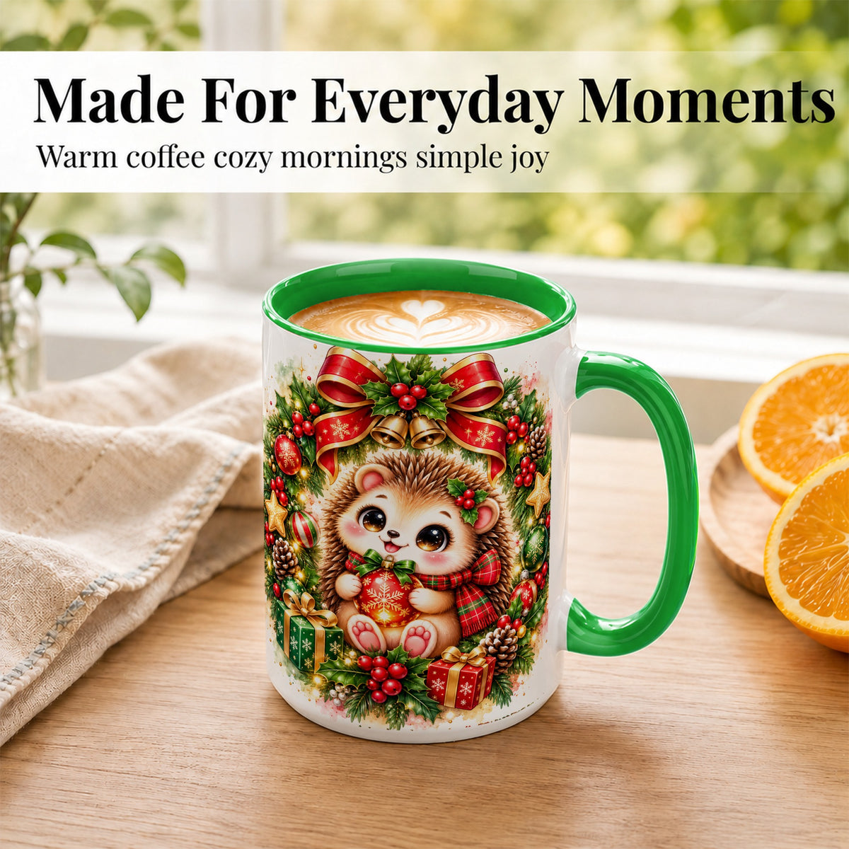 #pl[15oz|Green] Cute Christmas Hedgehog Coffee Mug, Watercolor Holiday Mug, Ceramic Cup