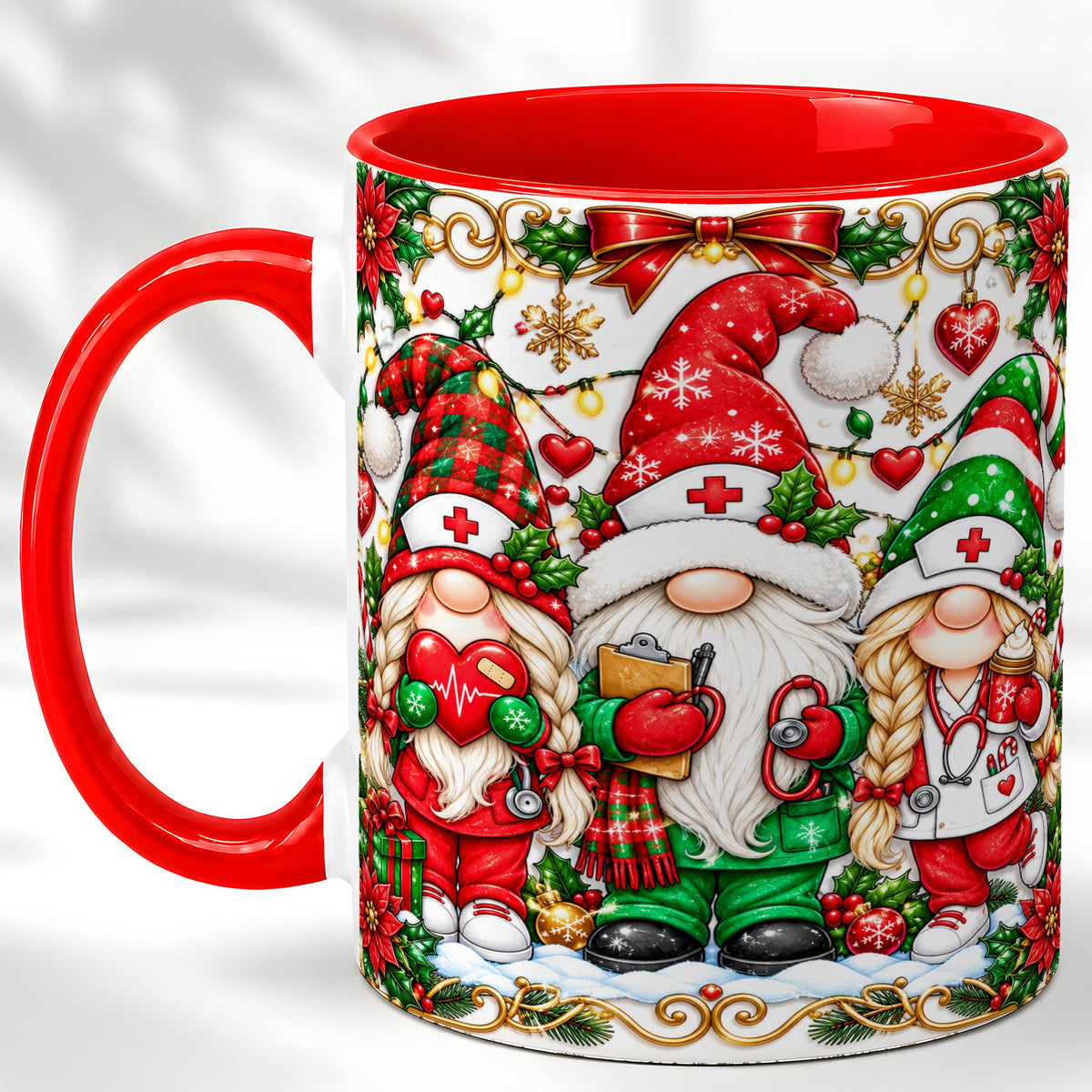Christmas Nurse Gnomes Coffee Mug, Holiday Healthcare Mug, Ceramic Cup