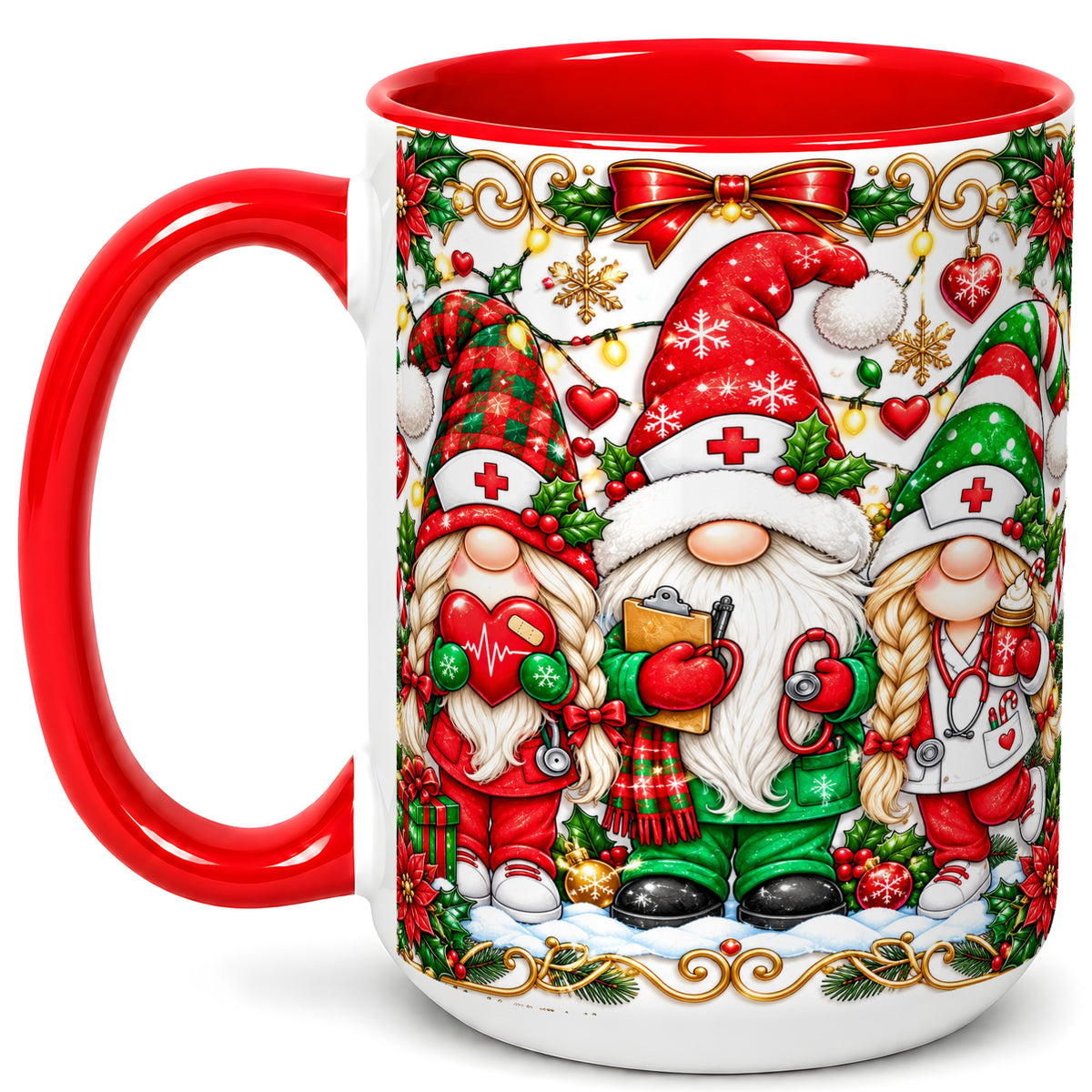 #pl[15oz|Red] Christmas Nurse Gnomes Coffee Mug, Holiday Healthcare Mug, Ceramic Cup
