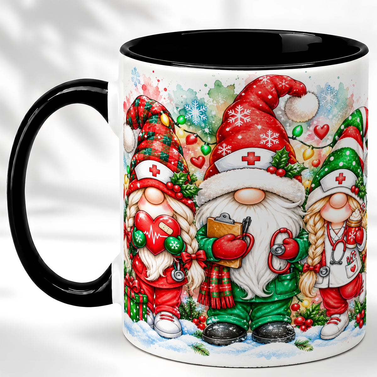 #pl[11oz|Black] Christmas Nurse Gnomes Coffee Mug, Watercolor Healthcare Mug, Ceramic Cup