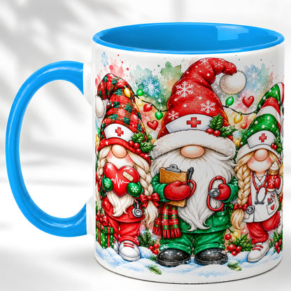 #pl[11oz|Blue] Christmas Nurse Gnomes Coffee Mug, Watercolor Healthcare Mug, Ceramic Cup