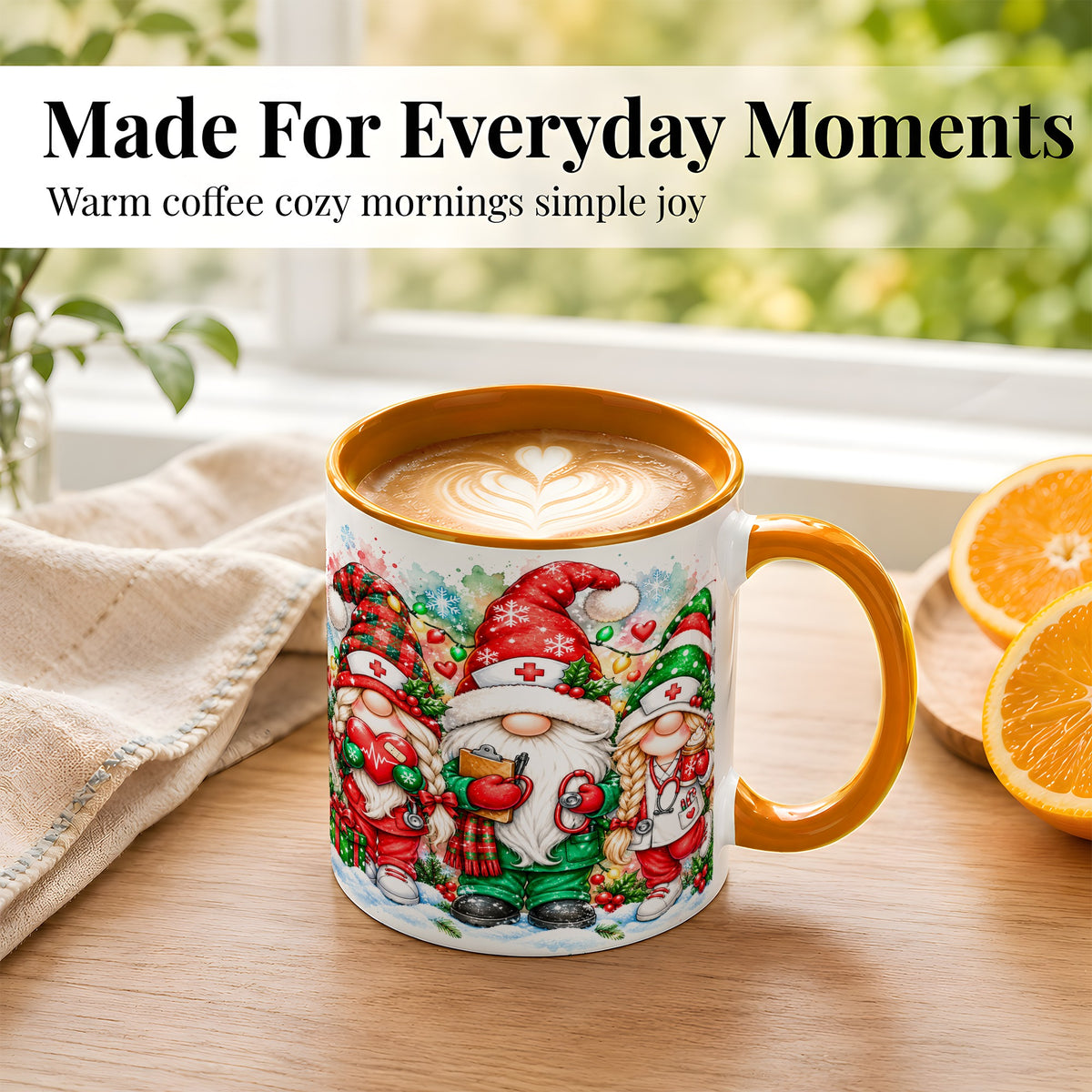 #pl[11oz|Orange] Christmas Nurse Gnomes Coffee Mug, Watercolor Healthcare Mug, Ceramic Cup