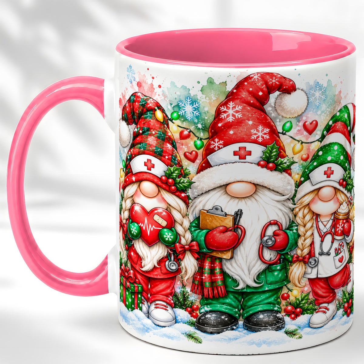 #pl[11oz|Pink] Christmas Nurse Gnomes Coffee Mug, Watercolor Healthcare Mug, Ceramic Cup