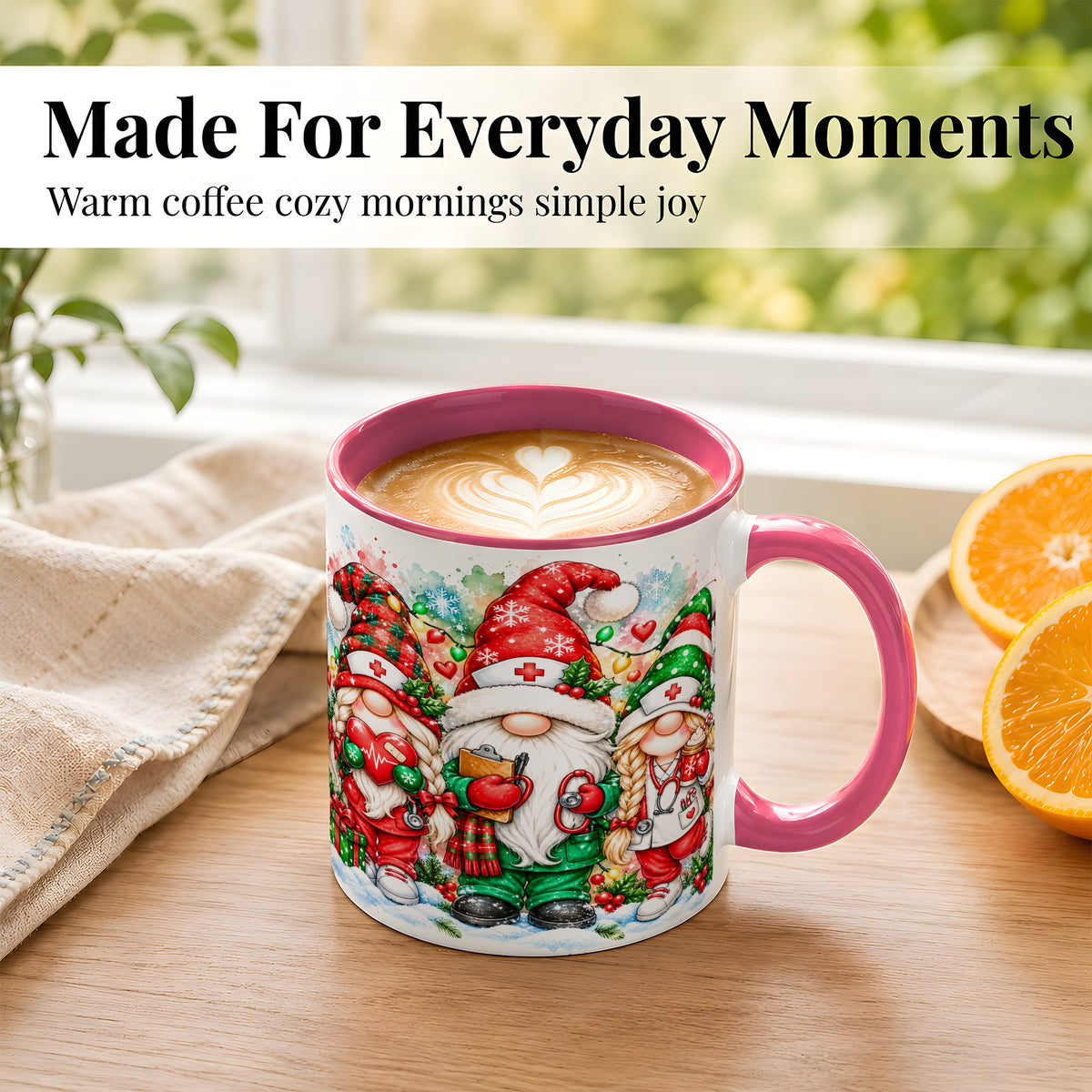 #pl[11oz|Pink] Christmas Nurse Gnomes Coffee Mug, Watercolor Healthcare Mug, Ceramic Cup