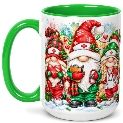 #pl[15oz|Green] Christmas Nurse Gnomes Coffee Mug, Watercolor Healthcare Mug, Ceramic Cup