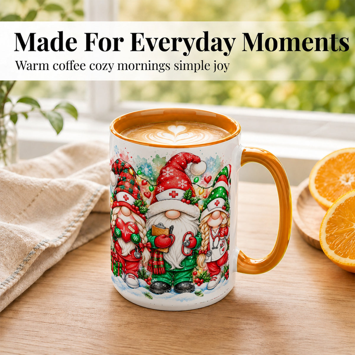 #pl[15oz|Orange] Christmas Nurse Gnomes Coffee Mug, Watercolor Healthcare Mug, Ceramic Cup
