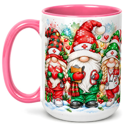 #pl[15oz|Pink] Christmas Nurse Gnomes Coffee Mug, Watercolor Healthcare Mug, Ceramic Cup