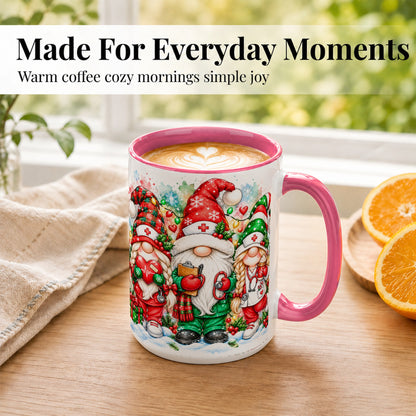 #pl[15oz|Pink] Christmas Nurse Gnomes Coffee Mug, Watercolor Healthcare Mug, Ceramic Cup