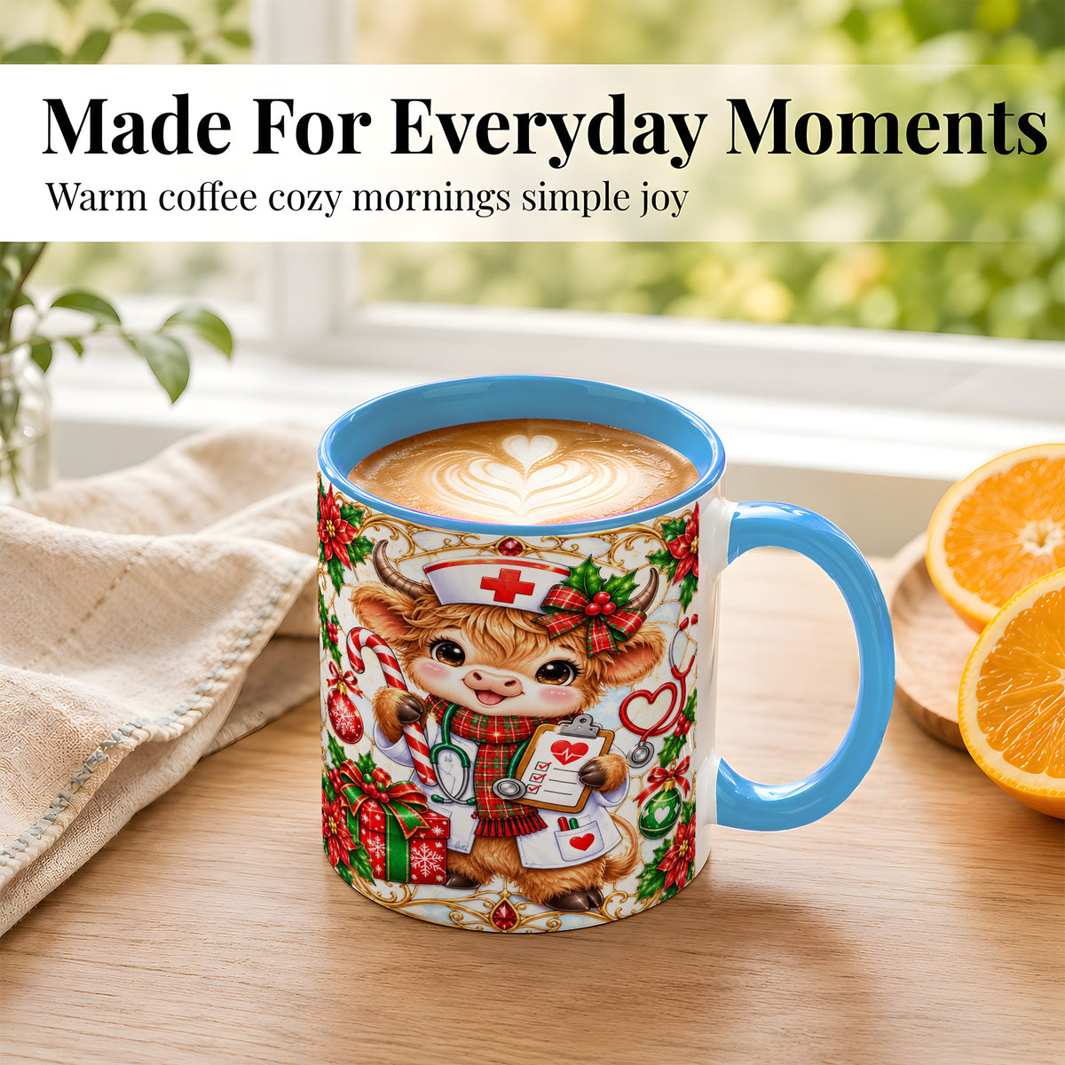 #pl[11oz|Blue] Christmas Nurse Highland Cow Coffee Mug, Holiday Cow Mug, Ceramic Cup