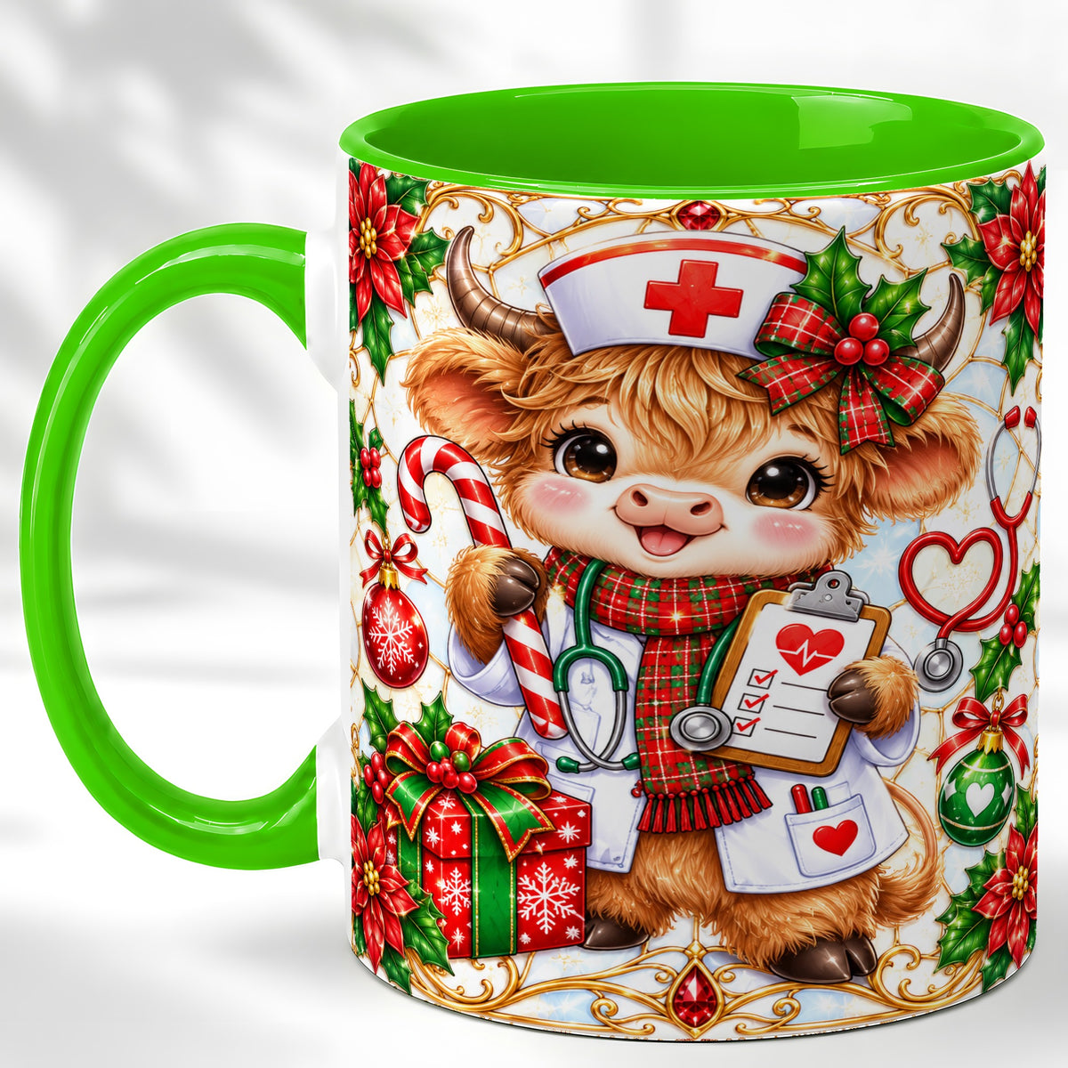 #pl[11oz|Green] Christmas Nurse Highland Cow Coffee Mug, Holiday Cow Mug, Ceramic Cup
